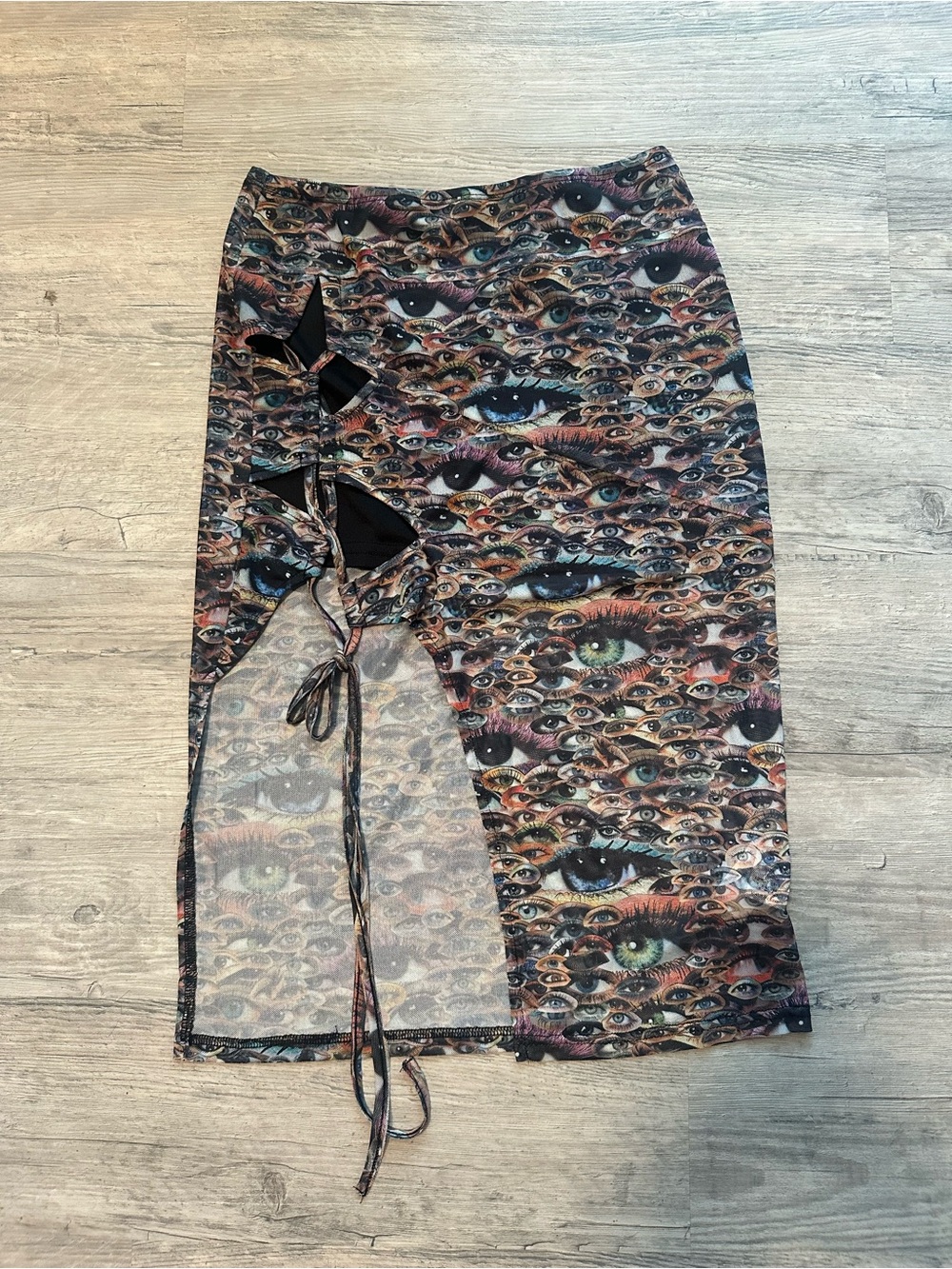 Dolls Kill Black Multi Eye-Print Asymmetrical Lace-Up Midi Skirt